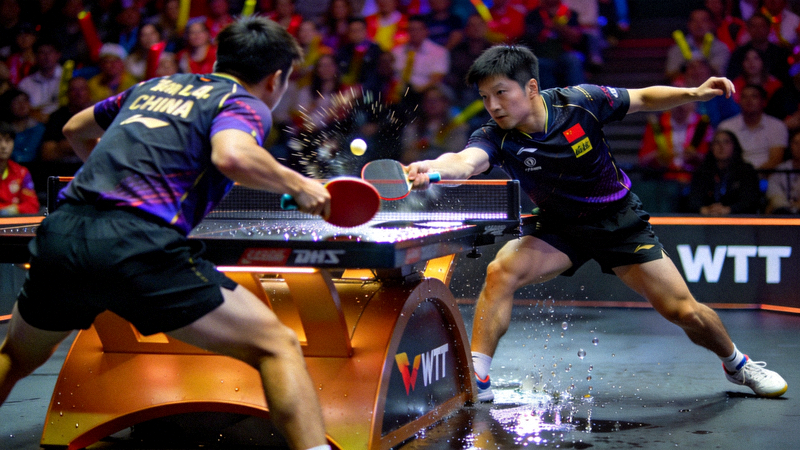 WTT冠军赛樊振东对阵张本智和的激烈比赛现场特写